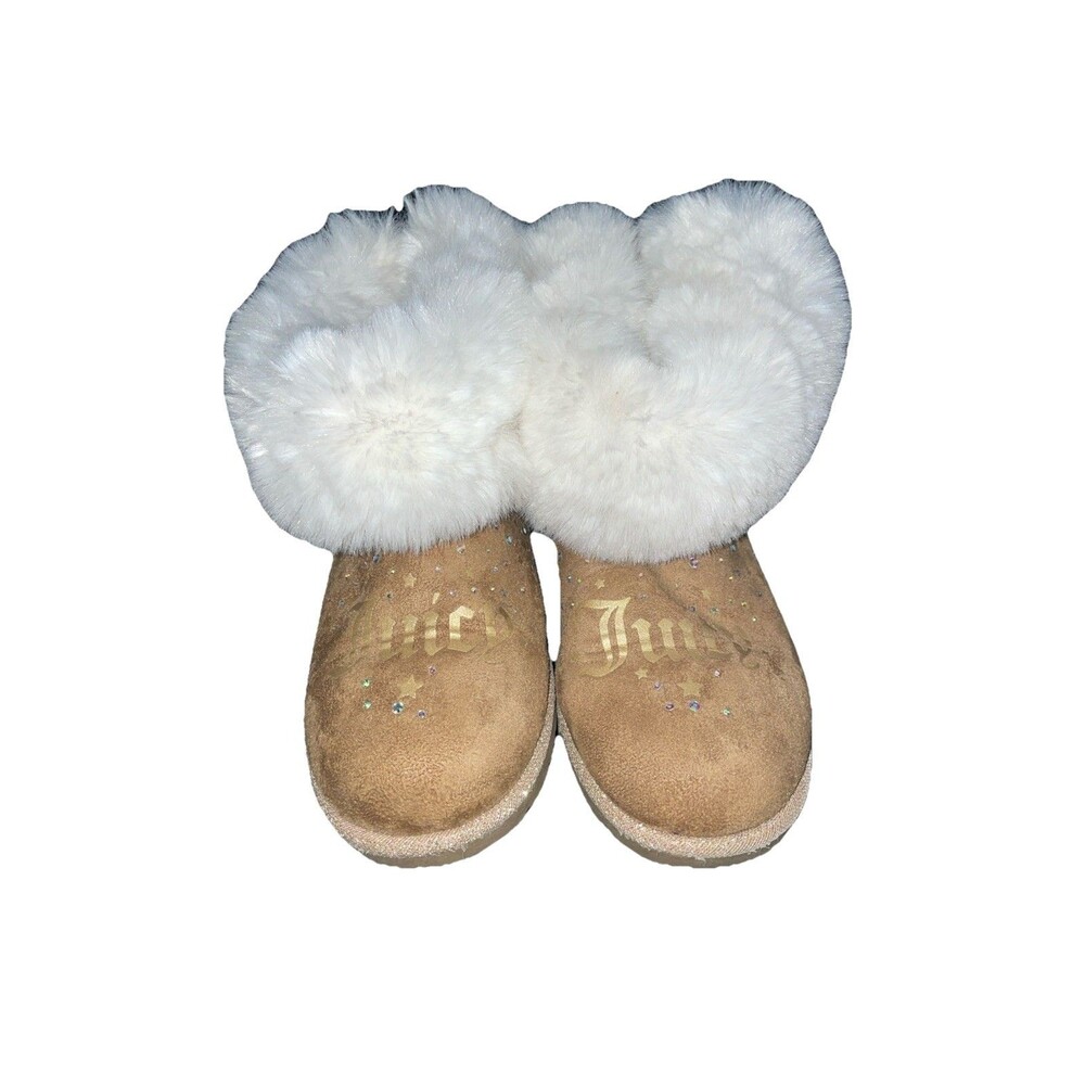 Juicy Couture Brewy Boots Girls Size 2 Tan Faux Fur Rhinestone Y2K McBling